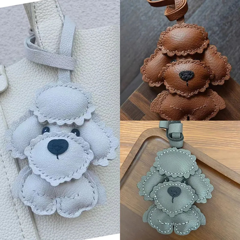 Teddy Dog Genuine Leather Handmade Bag Charm PendantKeychain Hanging OrnamentHandbag Purse Exquisite DecorKeyring Accessories 250221
