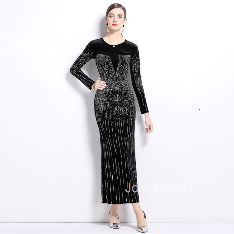 Autumn/winter New Womens Clothing Style Velvet Hot Diamond Long Sleeve Slimming Long Dress