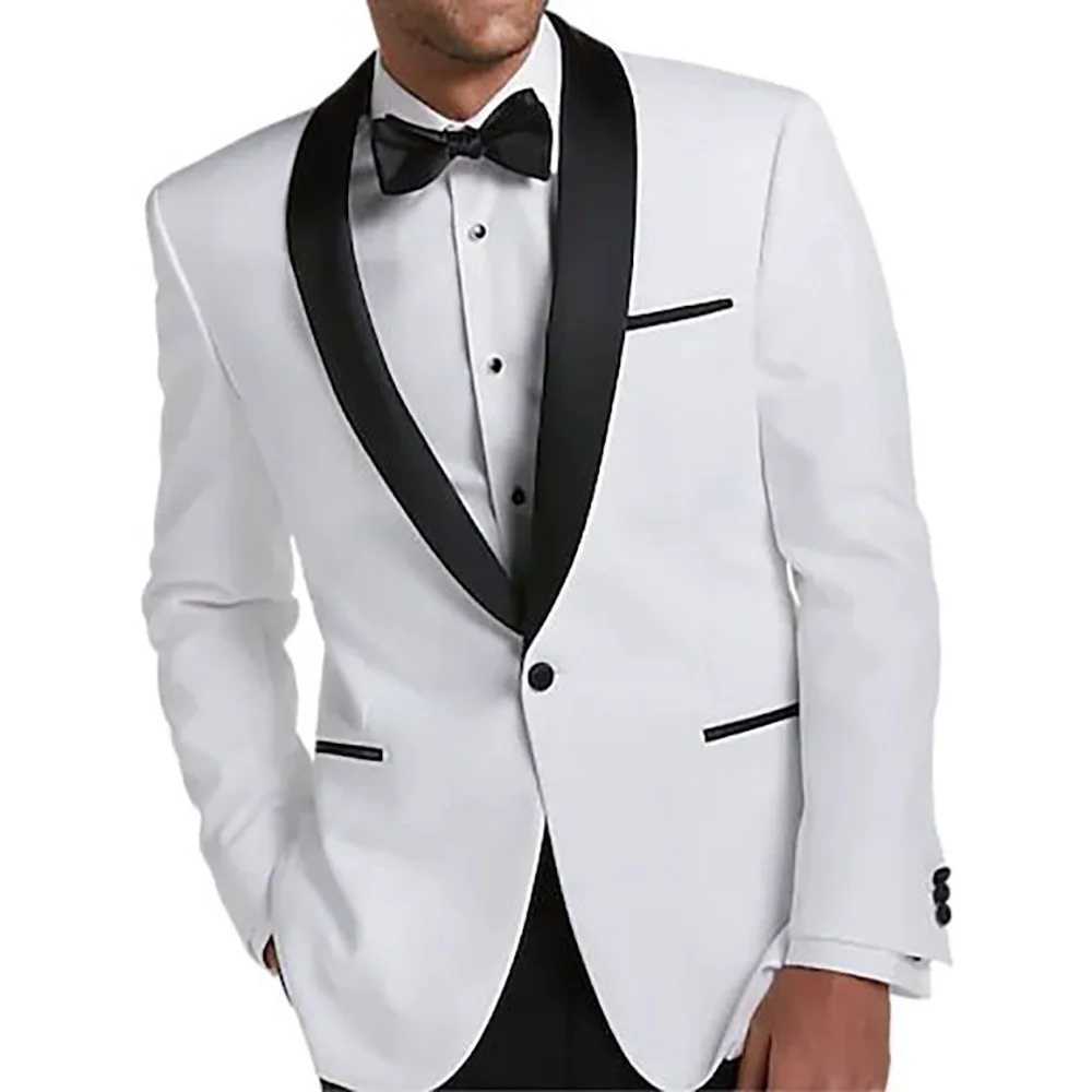 White One Button Mens Suits Elegant Wedding White Jacket 1 Piece Black Shawl Lapel Slim Fit Coat Luxury Male Clothing BlazerXJ250222
