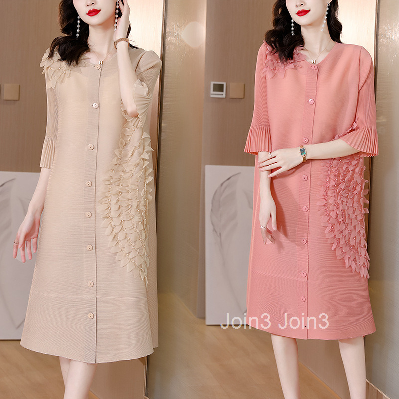 Miyake pleated belly covering dress summer and autumn new three-dimensional floating flower cardigan dress
