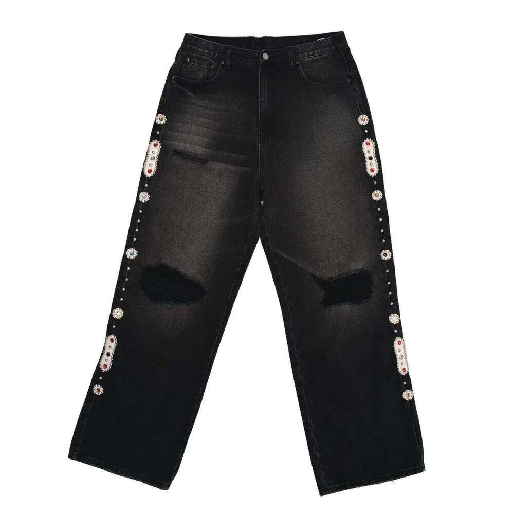 Punk Vintage Rhie Embellished Black Y2k American Style Streetwear Baggy Wide Leg Jeans Men Women Ripped Denim Pants