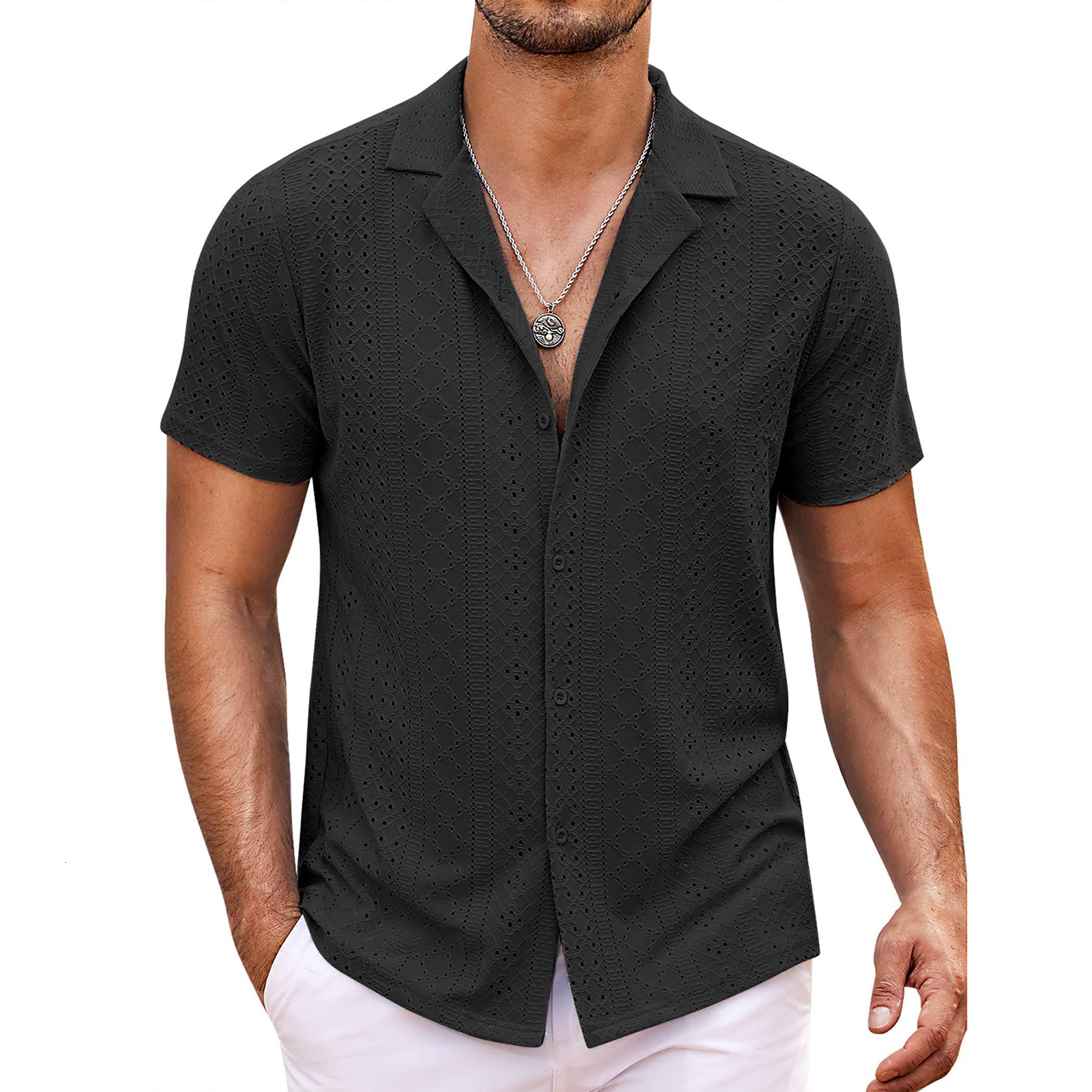 Men's Short Sleeved Shirt Button Men's Loose Casual Beach Wear Men's Designer Shirt Summer Hollow Out Quick Drying Breathable Shirt Vac