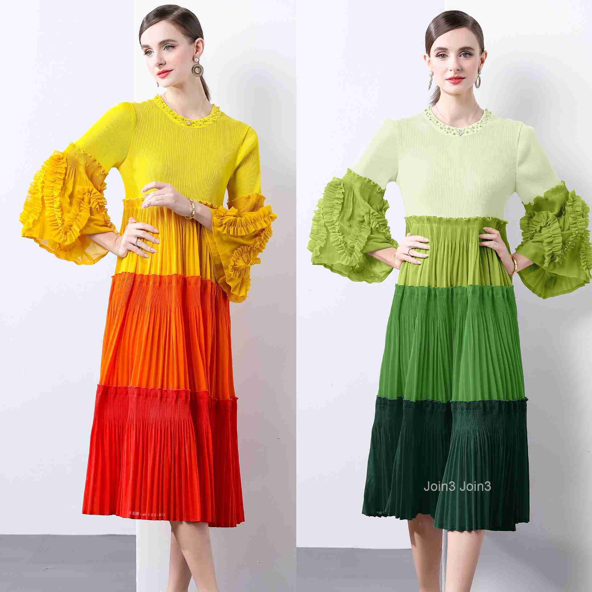 Miyake Color Blocking Splicing Pleated Nail Bead Trumpet Sleeve Large Swing Skirt Feeling Cake Skirt Dress for Women