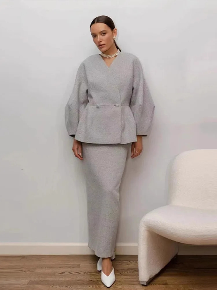 Elegant Puff Sleeve Slim Fit High Waist Women Coat Skirt Sets Fashion V Neck Solid Button Lady 2 Piece Set 2025 Chic Street Wear 250222