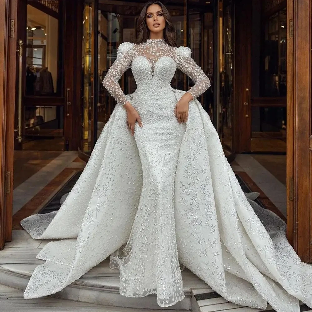 Mermaid Wedding Dress High Collar Long Sleeves Bridal Gowns Sequins Pearls Detachable Train Dresses Custom Made vestidos de novia