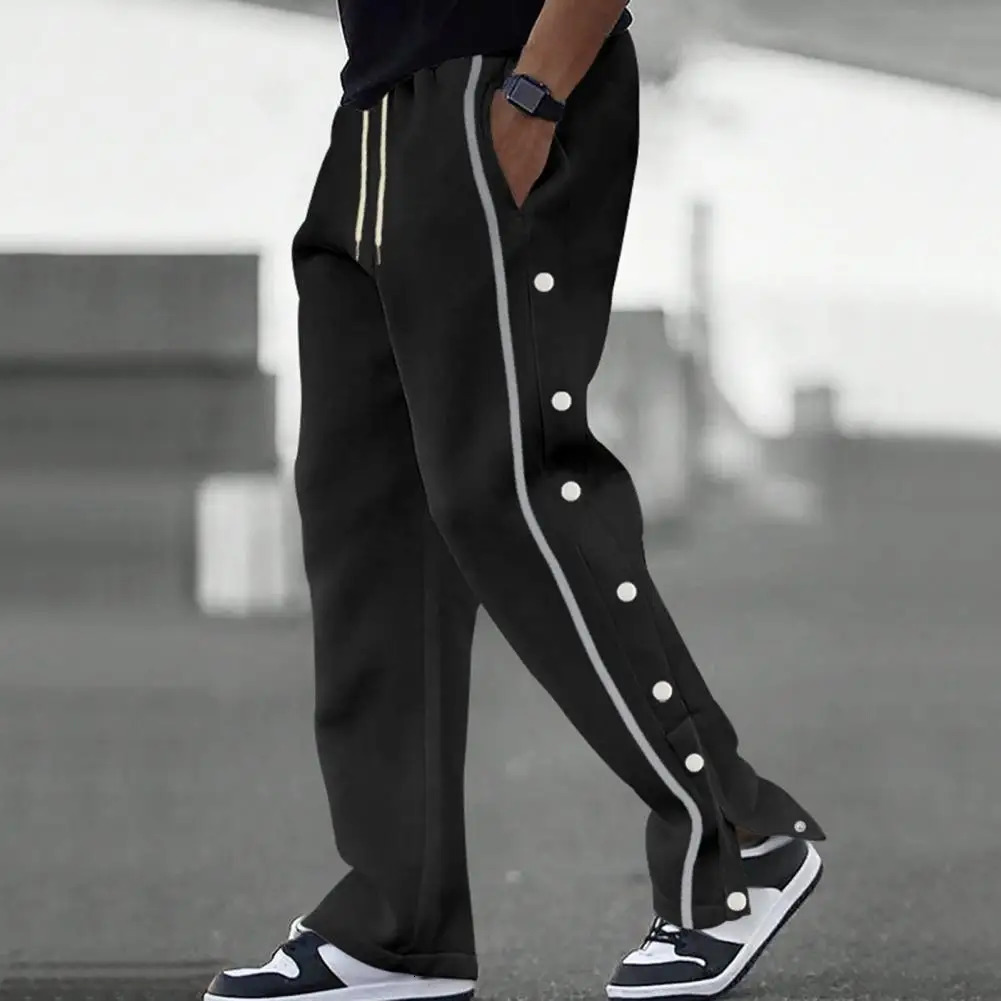 Elastic Waistband Pants Pocket Trousers Mens Loose Fit Sweatpants with Side Pockets Drawstring Waist Button for Beach250214