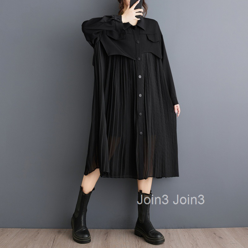 autumn new niche long sleeved shirt skirt loose patchwork pleated dress fashionable contrasting mid length skirt