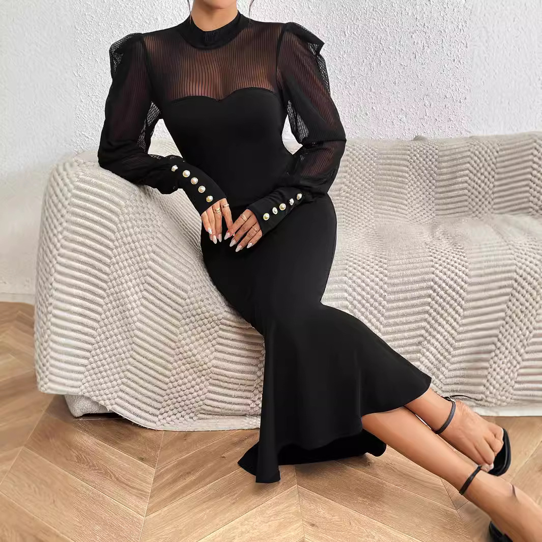 X22370 Lace stitching small high collar fishtail hem dress dinner party