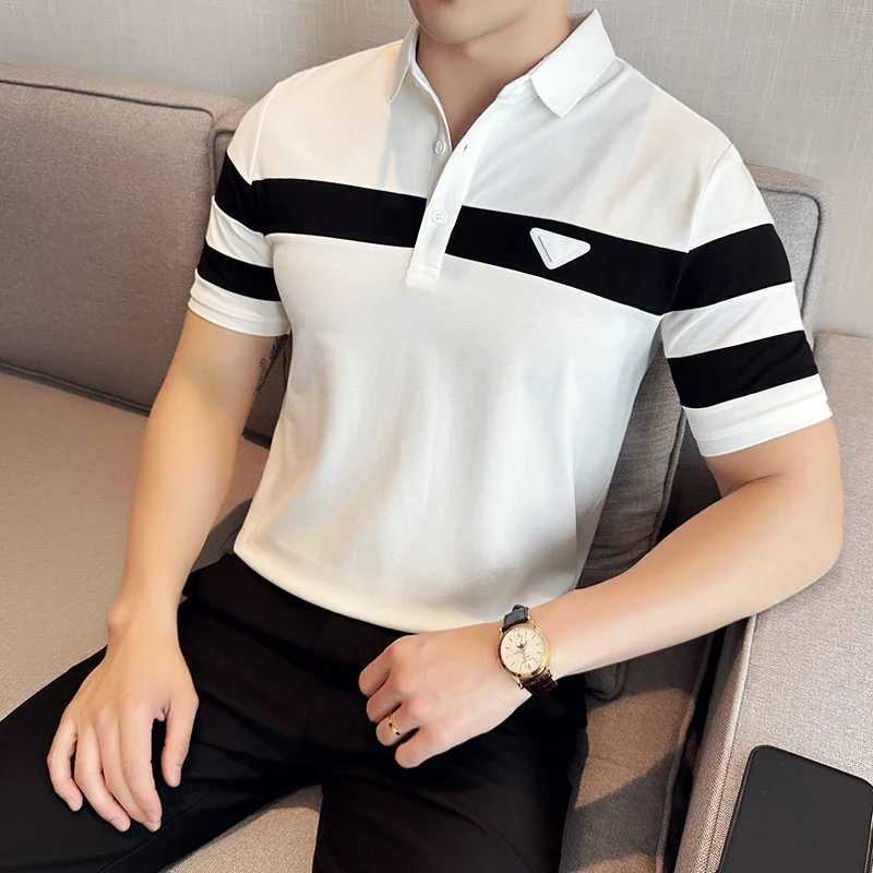 Men's Polos Mens Polo Shirt 2024 Summer New Light and Thin Breathable Striped Color Blocking Short Sleeved Casual Lapel T-shirt Mens Clothing z25