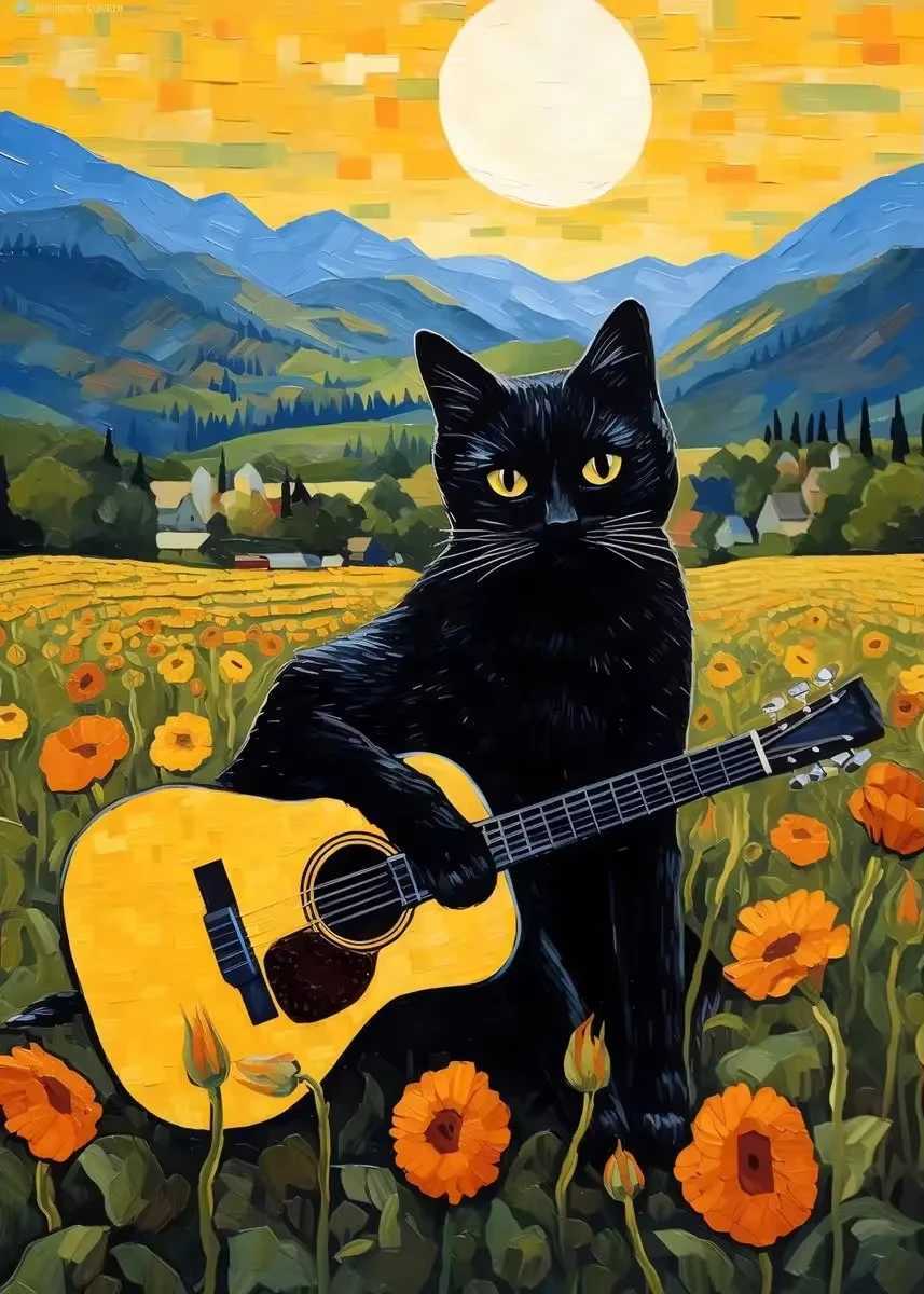 Funny Black Cat Starry Night Van Gogh Artwork Canvas Oil Painting Abstract Cute Wall Art Poster Print for Ro He Decor Y250218