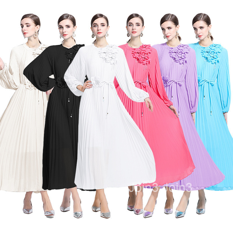 French style new womens long sleeved three-dimensional floral lace up loose fairy pleated long skirt