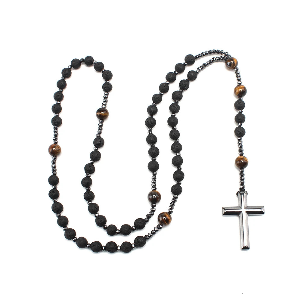 Natural Lava Stone Tiger-eye Hematite Cross Pendant Necklace Rosary Handmade Jewelry for Men 250217