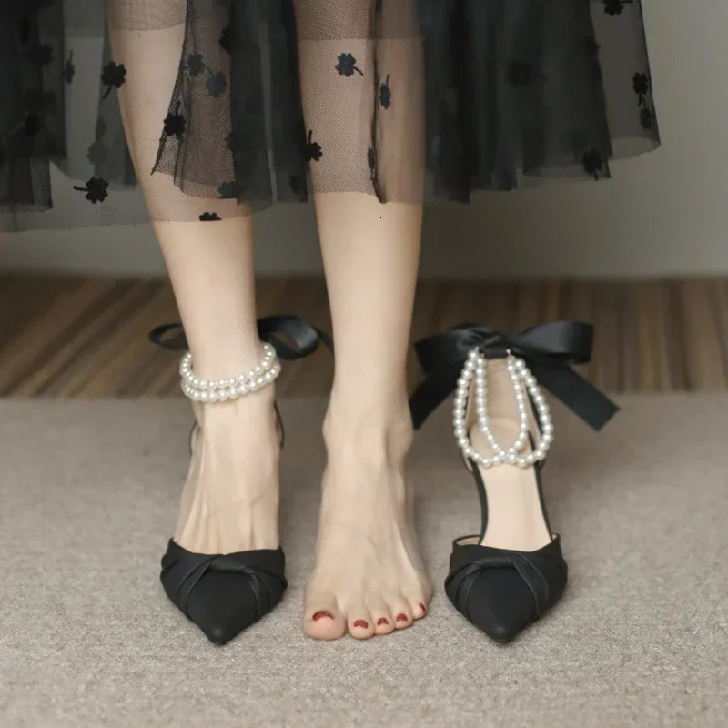 Womens elegant white highheeled sandals short and chubby platform pearl ankle with pump womens lace bow party shoes 250218