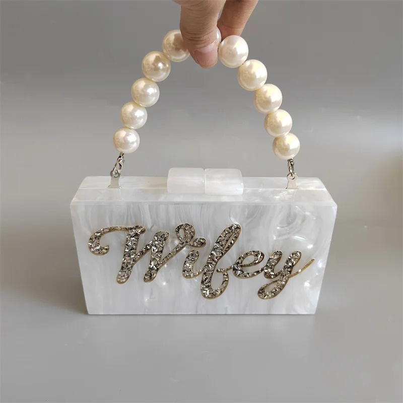 Women Pearl White Silver Glitter Letter Name Wifey Acrylic Evening Clutch Bag Ladies Chain Party Shoulder Purses And Handbag 250221