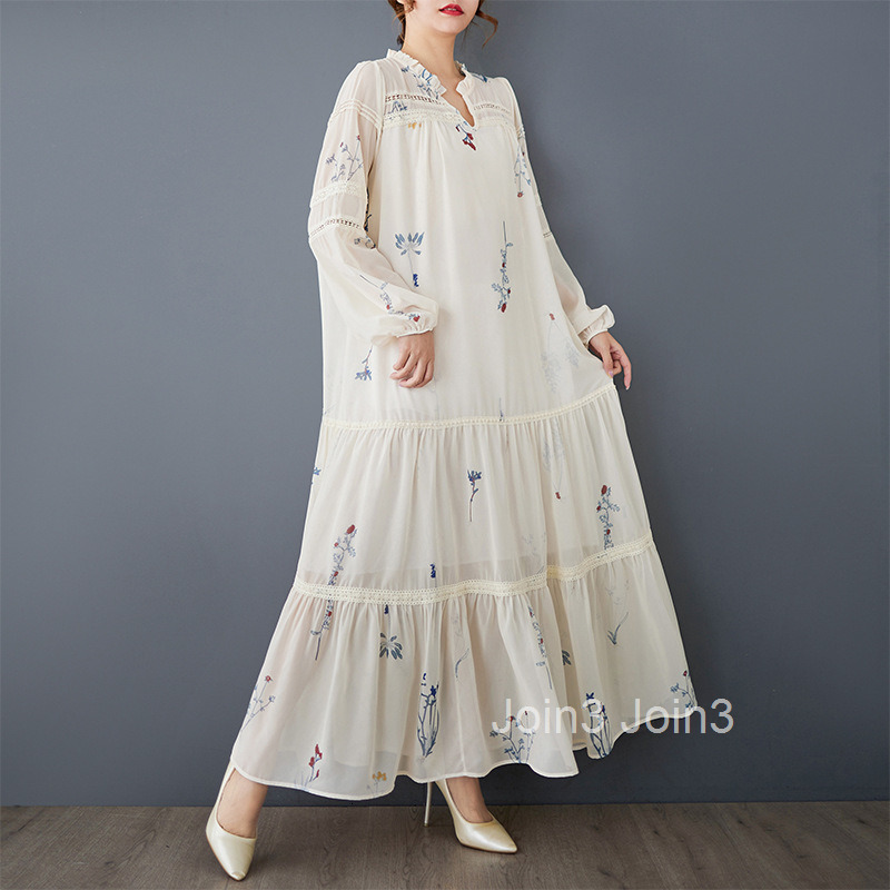 Spring and Autumn loose artistic fashion printed long sleeved patchwork pleated temperament versatile mid length dress