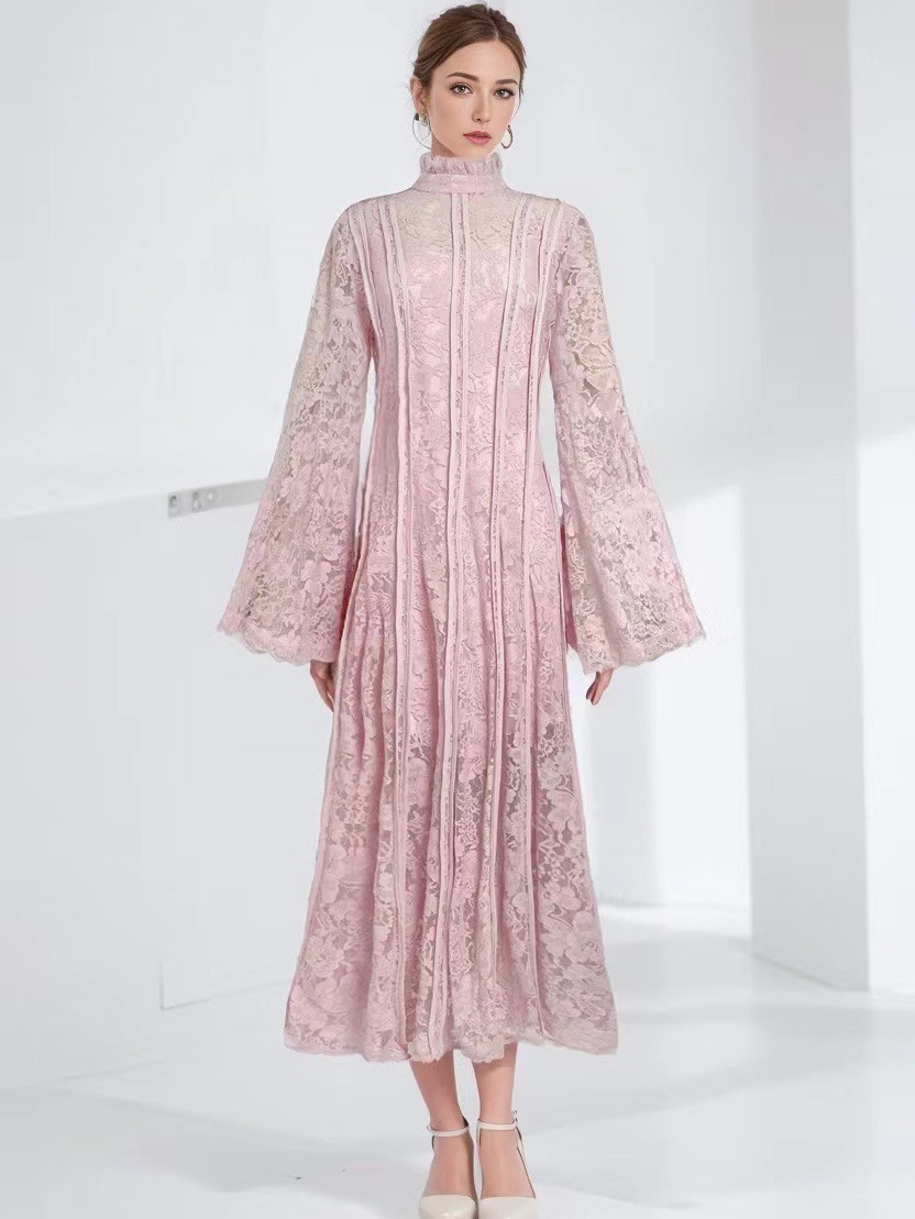 MU23130 Foreign trade cross-border 2023 autumn new style stand-up collar trumpet sleeve lace patchwork waist long dress for women