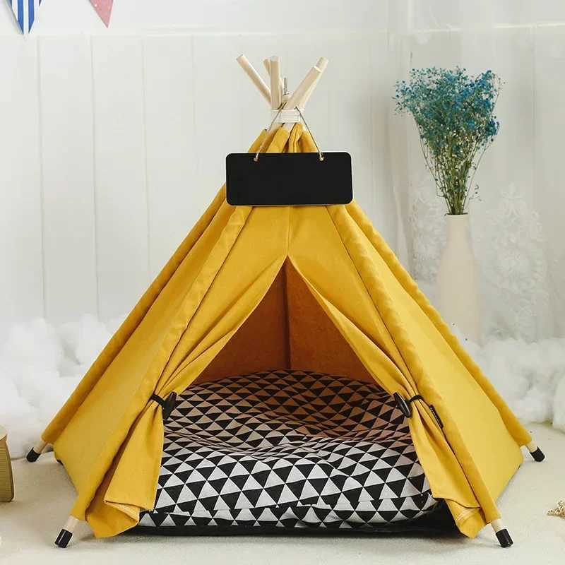 Dog Crates Kennels Dog and Cat Teepee with Cushion Washable Pet Tent with Blackboard and Green Leaves Pattern Cozy Bed for Small Pets H250221