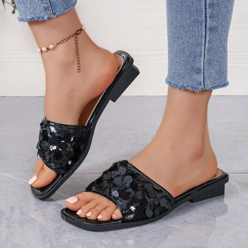 Shoes for Women Open Toe Womens Slippers Square Toe Modern Slippers Women Rhinestones Crystal Shoes Female Zapatos Mujer 250221