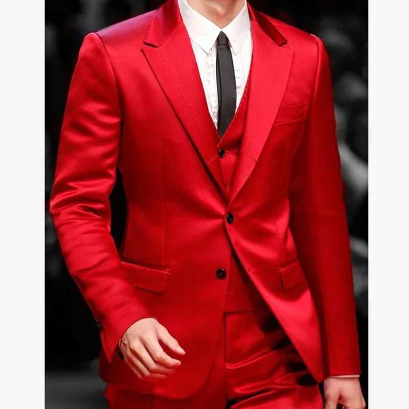 Slim Fit Red Men Suits for Prom Singer Stage 3 Piece Satin Wedding Groom Tuxedo Male Fashion Jacket Waistcoat with Pants 2023XJ250222