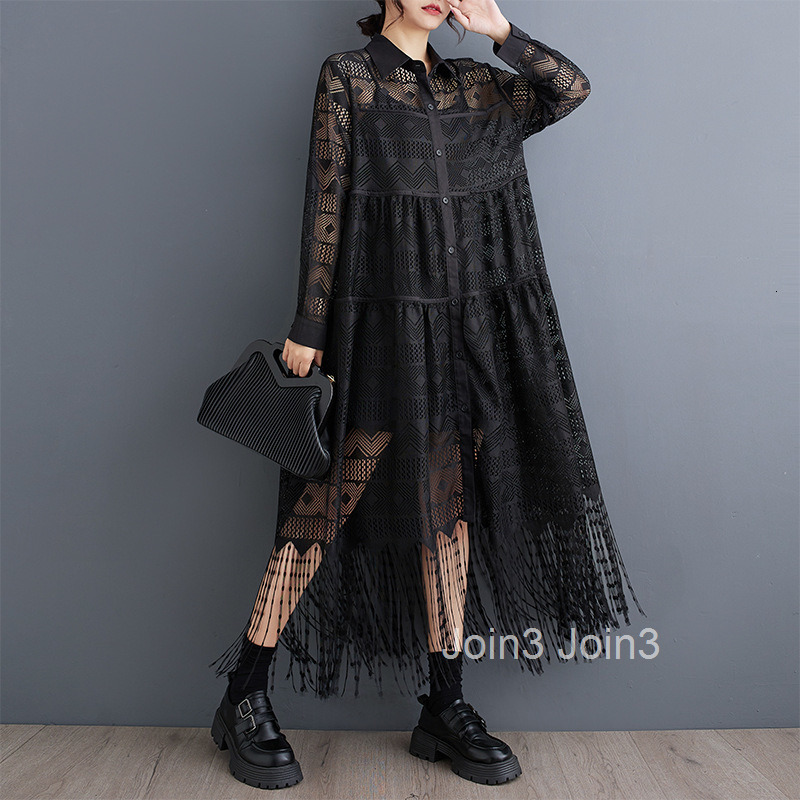 Spring and Autumn Dark Long Lace Splicing Dress Fashionable and Versatile Perspective Shirt Skirt