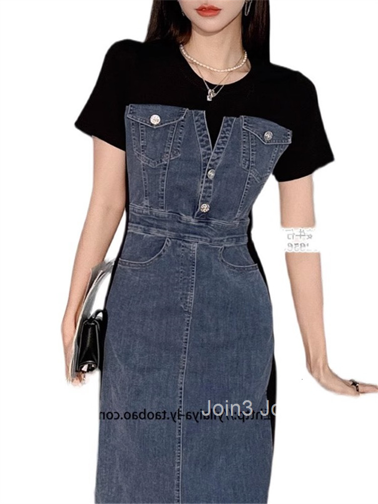 Casual Fashion Splicing Fake Two piece Cowboy Dress Summer Goddess Style Stylish and Skinny Hip hugging Long Dress