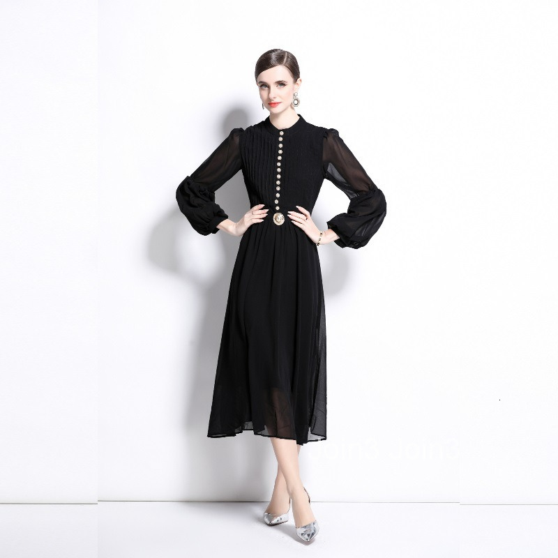 Heavy Industry Single Row Metal Buckle Hundred Fold Stitching Bubble Sleeves Waist up Big Swing Elegant Long Dress