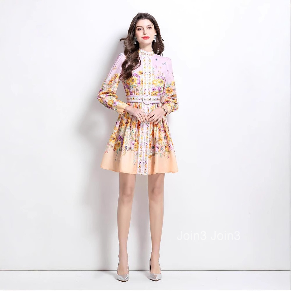 Spring/summer New Womens Vacation Painted Oil Painting Style Printed Long Sleeve Slimming Short Skirt Dress