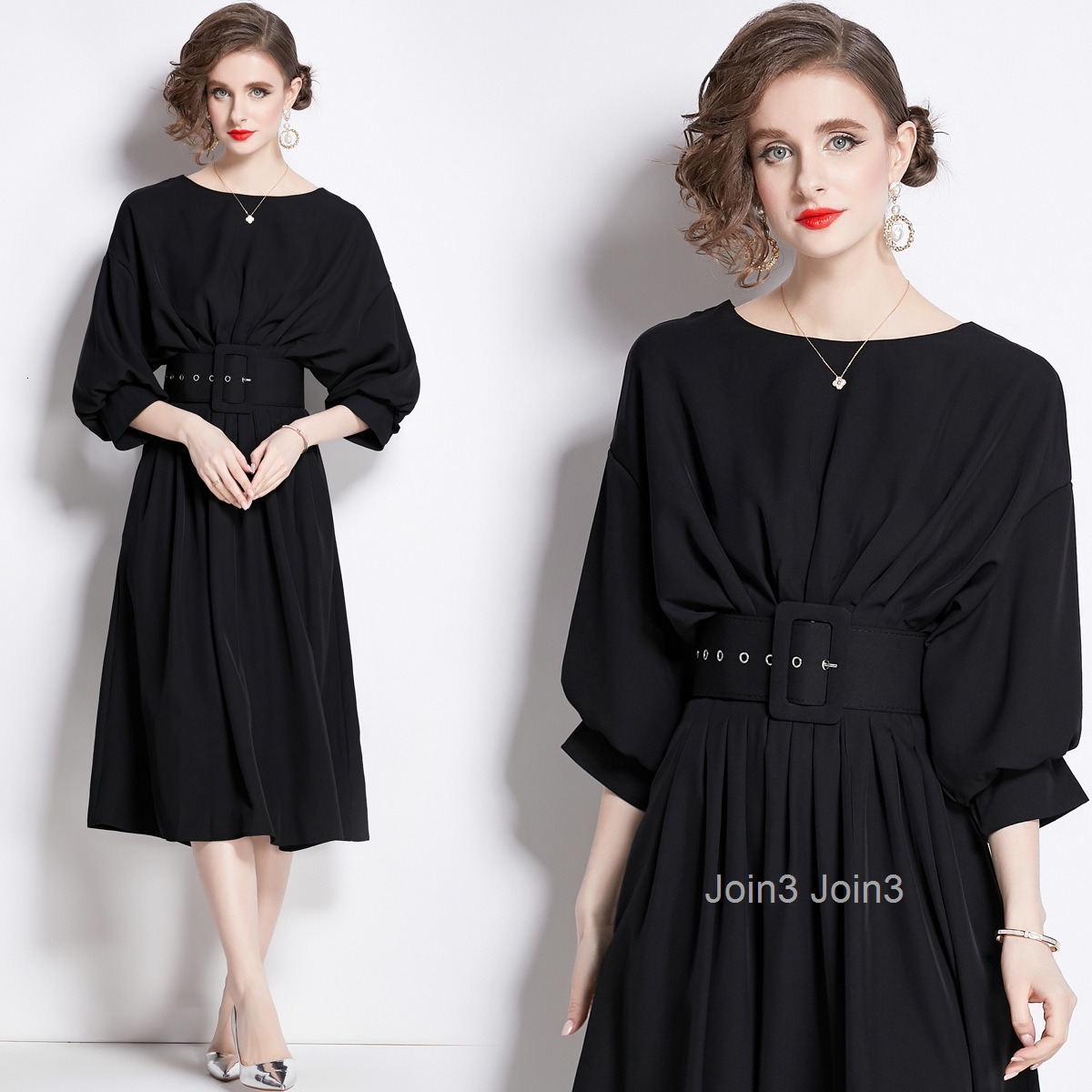 Spring and Autumn womens clothing temperament solid color bat sleeves high waist slimming pleated skirt dress (with belt)