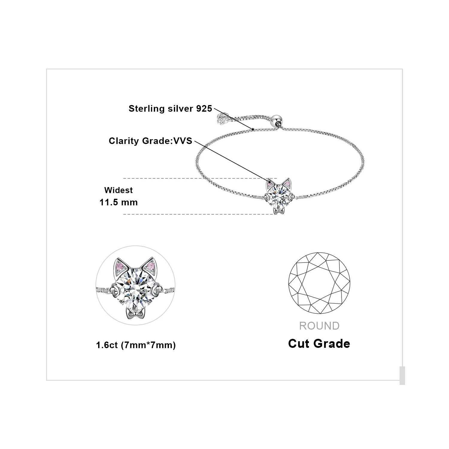 JewelryPalace newly arrived Love Cat 1.7ct round gemstone 925 sterling silver adjustable link bracelet womens exquisite jewelry gift W250221