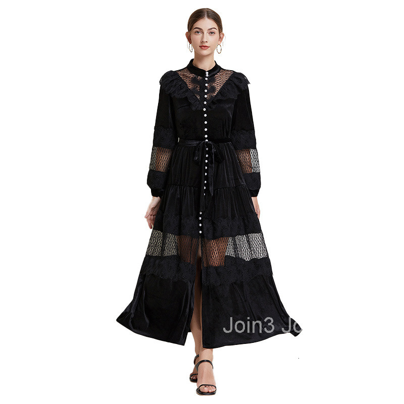 Autumn/winter New Womens Velvet Grand Swing Long Dress with Waist Cinching Style Lantern Long Sleeve Dress