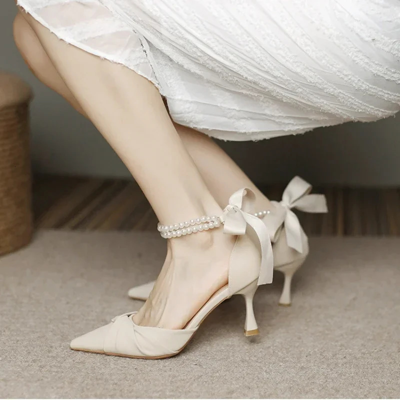 Womens elegant white highheeled sandals short and chubby platform pearl ankle with pump womens lace bow party shoes 250218