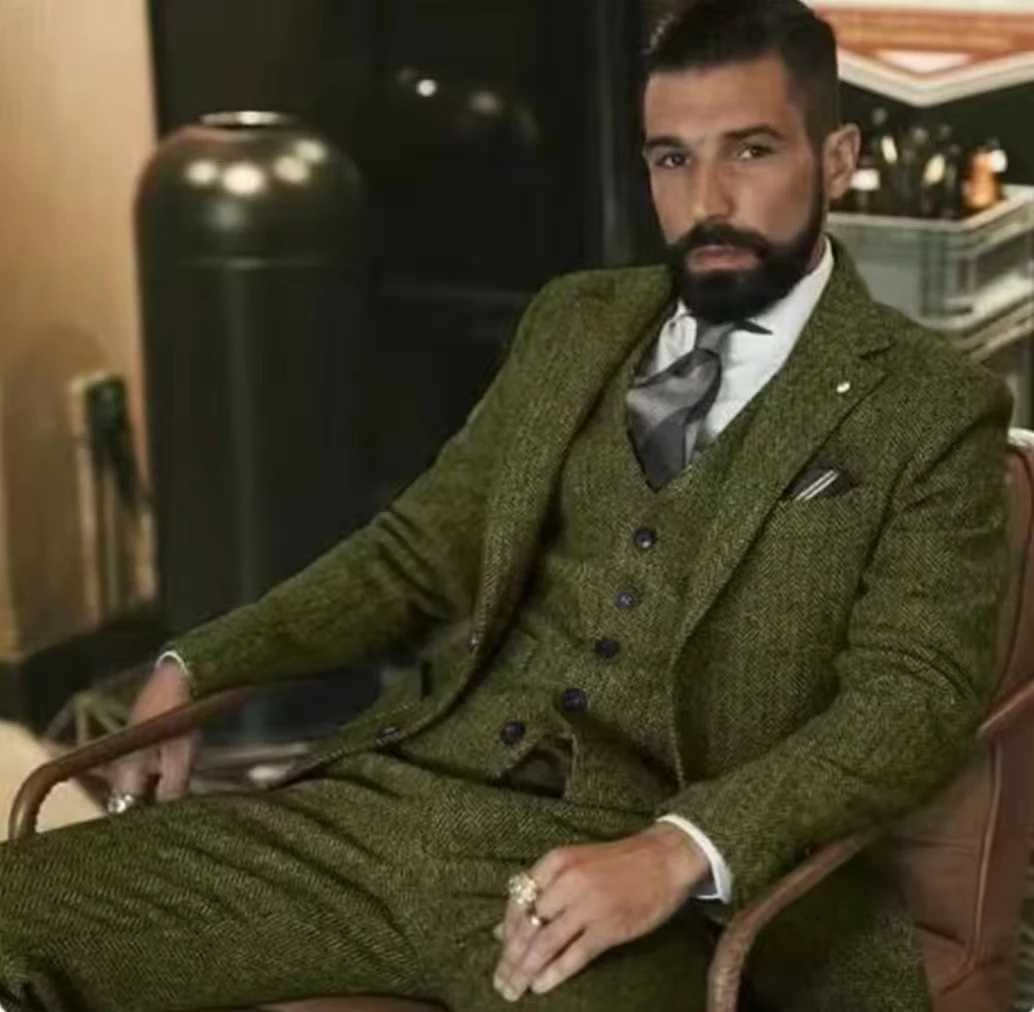 Mens Suit 3 Pieces Blazer+Vest+Pants Formal Two Herringbone Dress Suit Prom Tuxedos Groomers Wedding DressesXJ250222