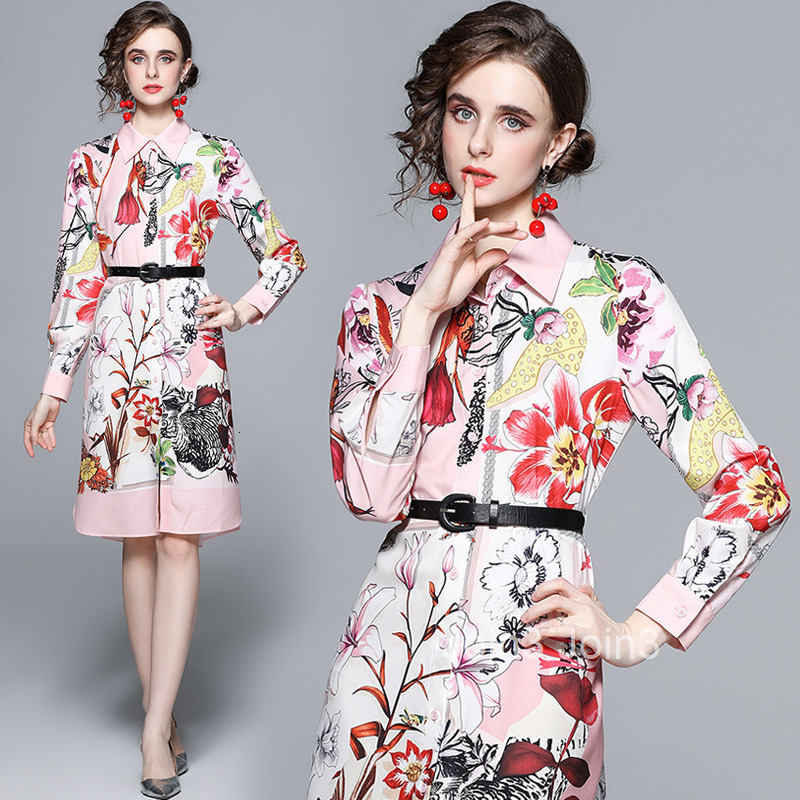 early spring new European fashion socialite temperament waist cinching and slimming positioning floral lining dress womens pink