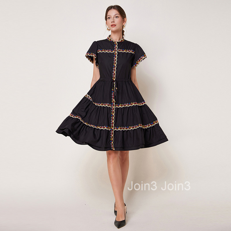 French style stand up collar colorful embroidery drawstring slim fit look at dress