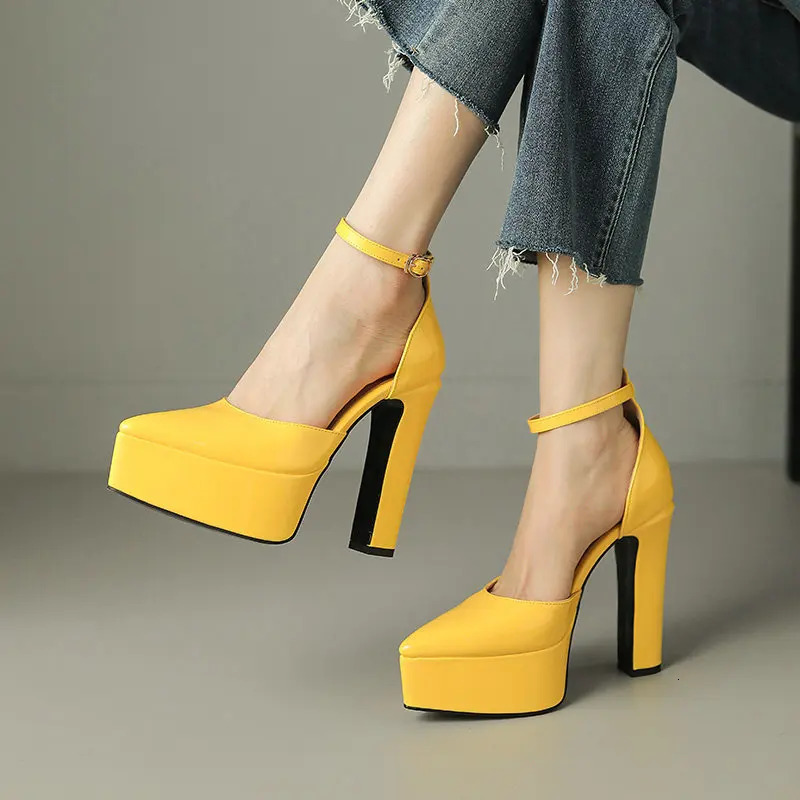 PU Patent Leather Pink Green Pointed Closed Toe Women Mary Janes Pumps Spring Big Size 33-43 Platform Sandals Block High Heels 250221