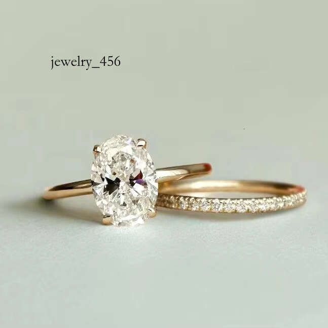 FOXI 2 Ct Oval Cut Moissanite Wedding 14k Gold Plated Bridal Engagement Set Art Deco Matching Stacked Bands Ring