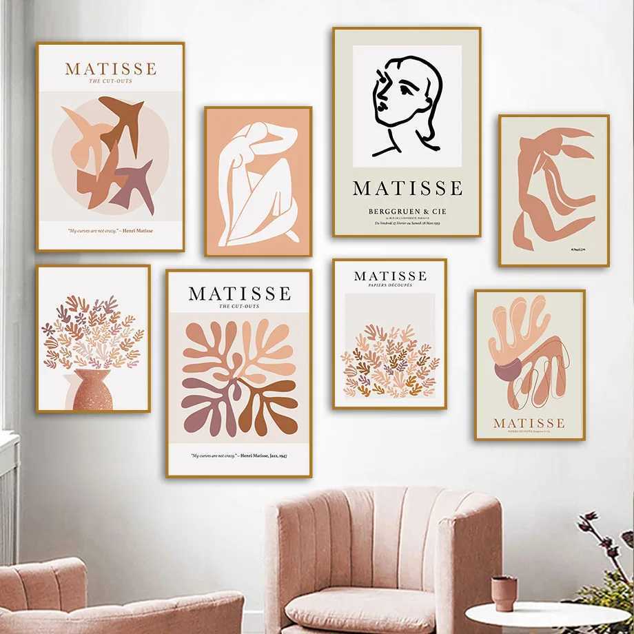 Abstract Henri Matisse Fancy Line Face Coral Leaves Posters and Prints Wall Art Canvas Painting for Interior Pictures Ro Decor Y250218