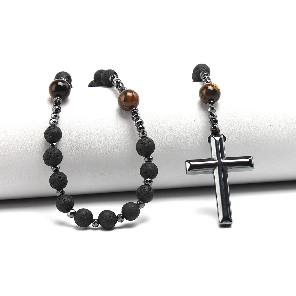 Natural Lava Stone Tiger-eye Hematite Cross Pendant Necklace Rosary Handmade Jewelry for Men 250217