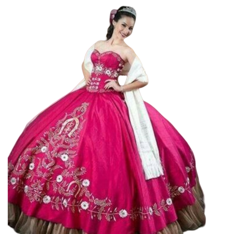 Gold Embroidery Mexican Charro Quinceanera Dresses Ball Gown Fuchsia Sweet 16 Dress Sweetheart Strapless Corset Prom Special Occasion Party Dress 2025