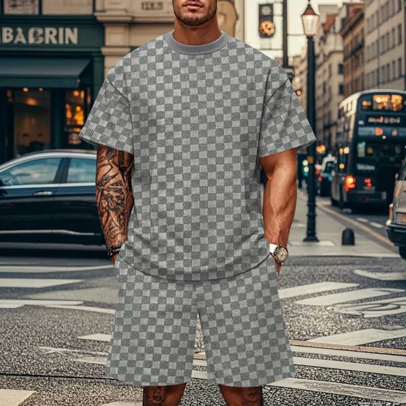 2024 New Mens Summer Jacquard PJlaid Short Sleeve T-shirt Fashion Sports Set Breathable T-shirt+Sports Shorts Two Piece SetXJ250312