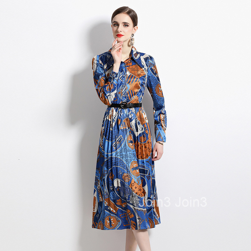 new French fashion printed heavy pleated long sleeved shirt dress