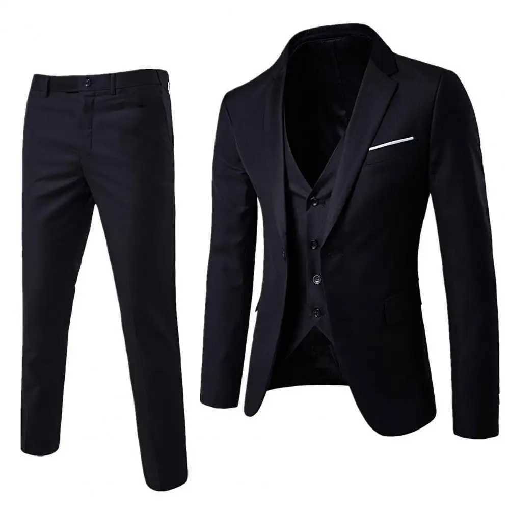 1 Set Men Blazer Vest Pants Set Solid Color Turndown Collar Groom Suit Single-Breasted Vest Coat Zipper Closure TrousersXJ250222
