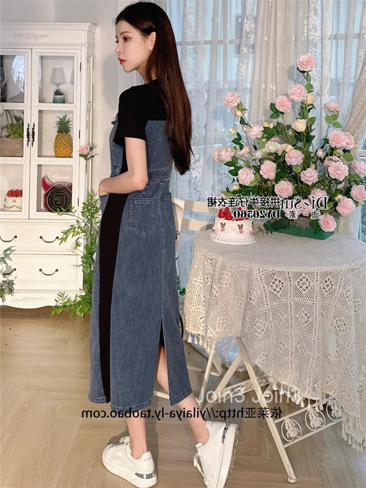 Casual Fashion Splicing Fake Two piece Cowboy Dress Summer Goddess Style Stylish and Skinny Hip hugging Long Dress
