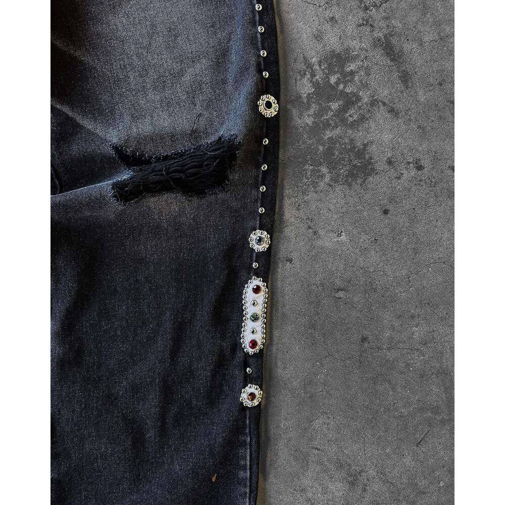 Punk Vintage Rhie Embellished Black Y2k American Style Streetwear Baggy Wide Leg Jeans Men Women Ripped Denim Pants