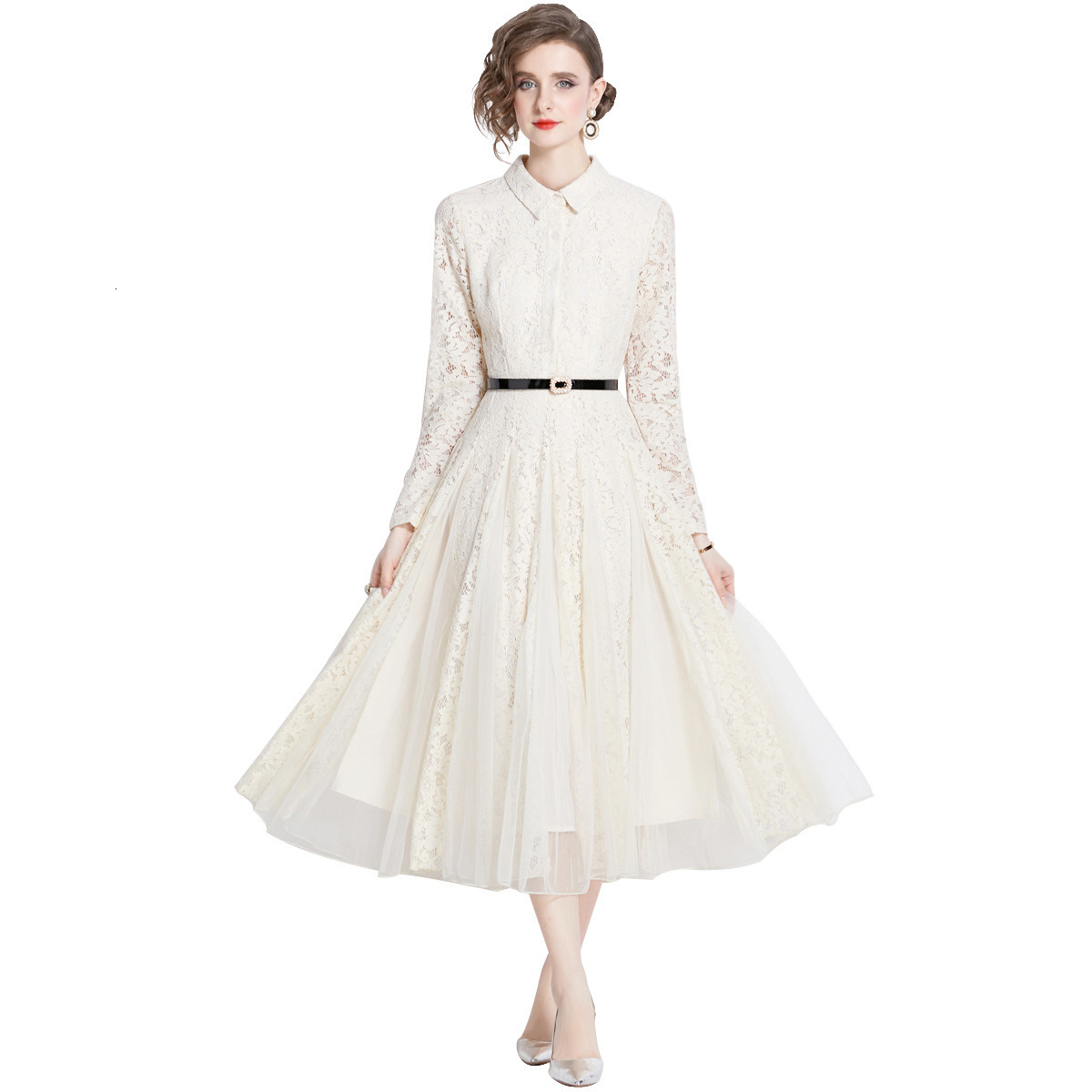 Spring and Autumn New Womens Clothing Elegant Long Skirt with Waist Collection Mesh Splicing Lace Large Swing Dress