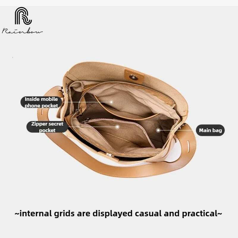 RAINBOW Ladies Split Leather Bucket Bags Female Commute Messenger Adjustable Shoulder Strap Women Casual Handbag
