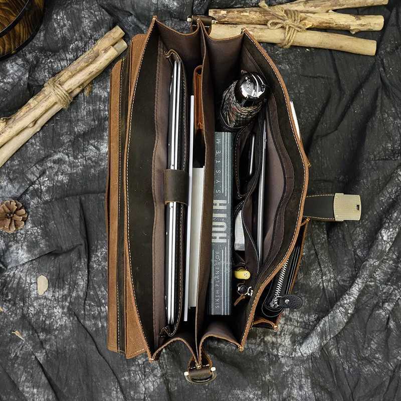 Luxury Fashion 100% Genuine Leather Men Briefcase Cow Leather Laptop Bag Vintage Shoulder Bag Real Cowhide Computer Bag 15.6 Z250220-1