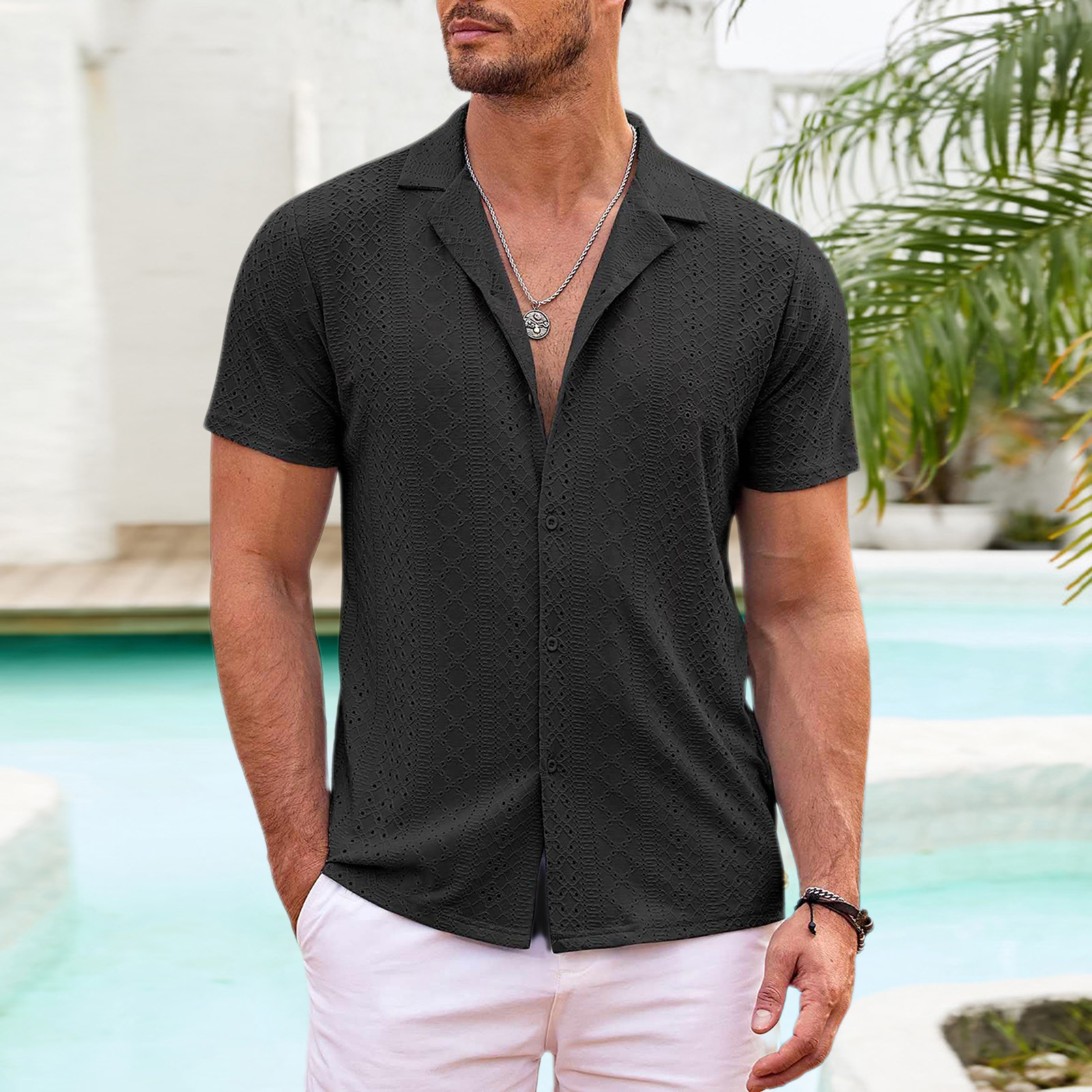 Men's Short Sleeved Shirt Button Men's Loose Casual Beach Wear Men's Designer Shirt Summer Hollow Out Quick Drying Breathable Shirt Vac
