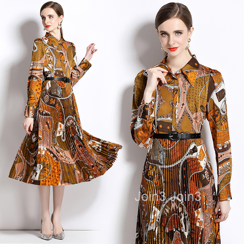 new French fashion printed heavy pleated long sleeved shirt dress