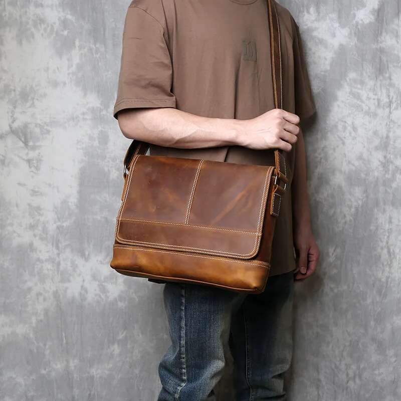New Crazy Horse Men's Original Retro Shoulder Horizontal A4 Postman Bag Handmade Leather Crossbody Bag.